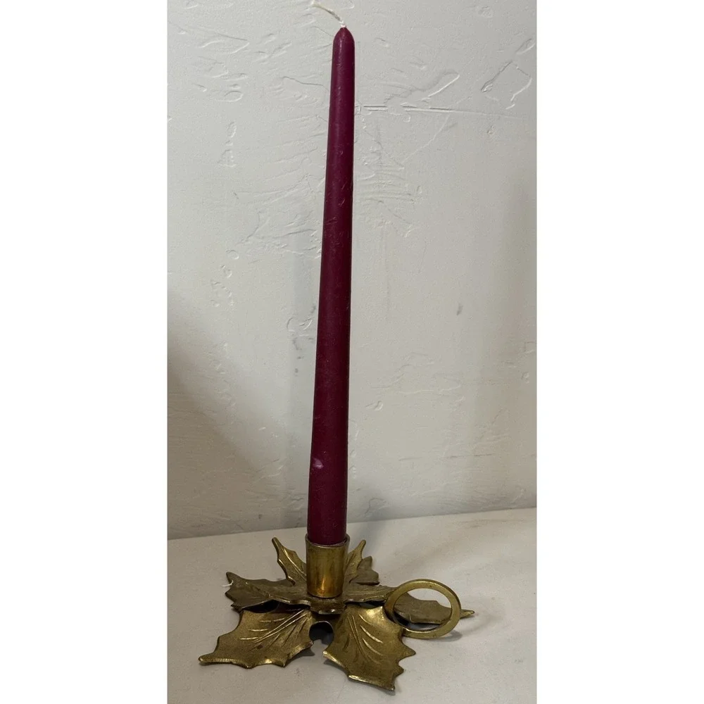 Vintage Solid Brass Holly Leaf Candlestick Holder Ring Handle Christmas‎ MCM